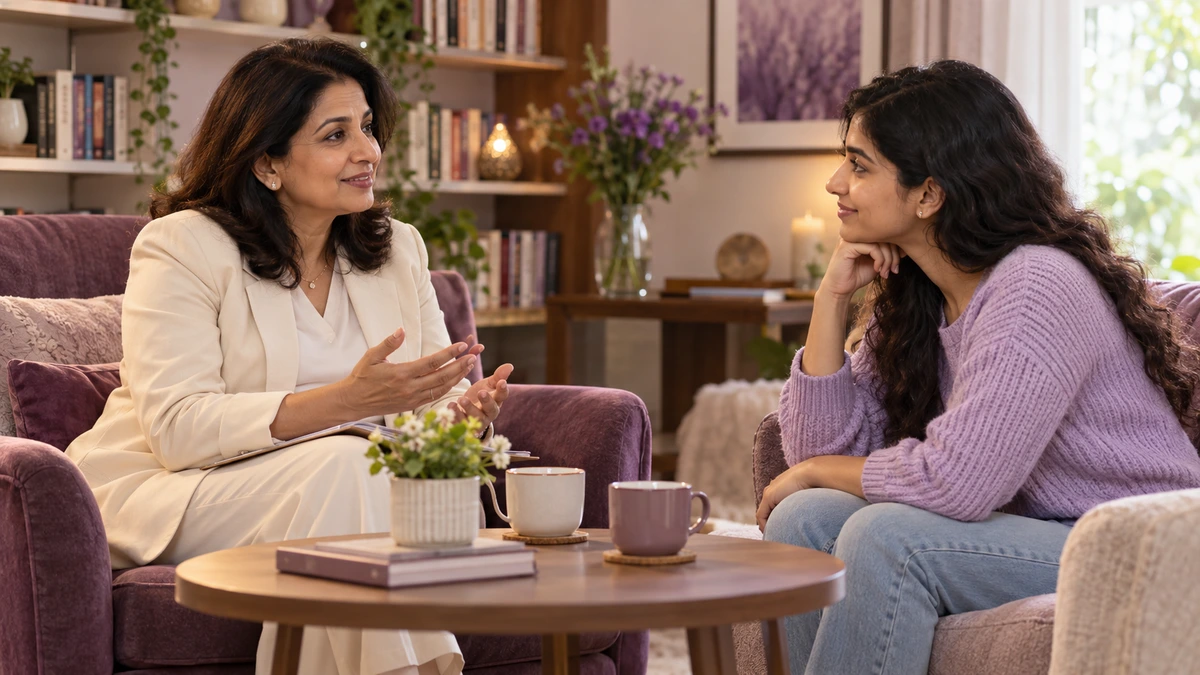 A psychologist and a young woman in a warm, open conversation over tea.