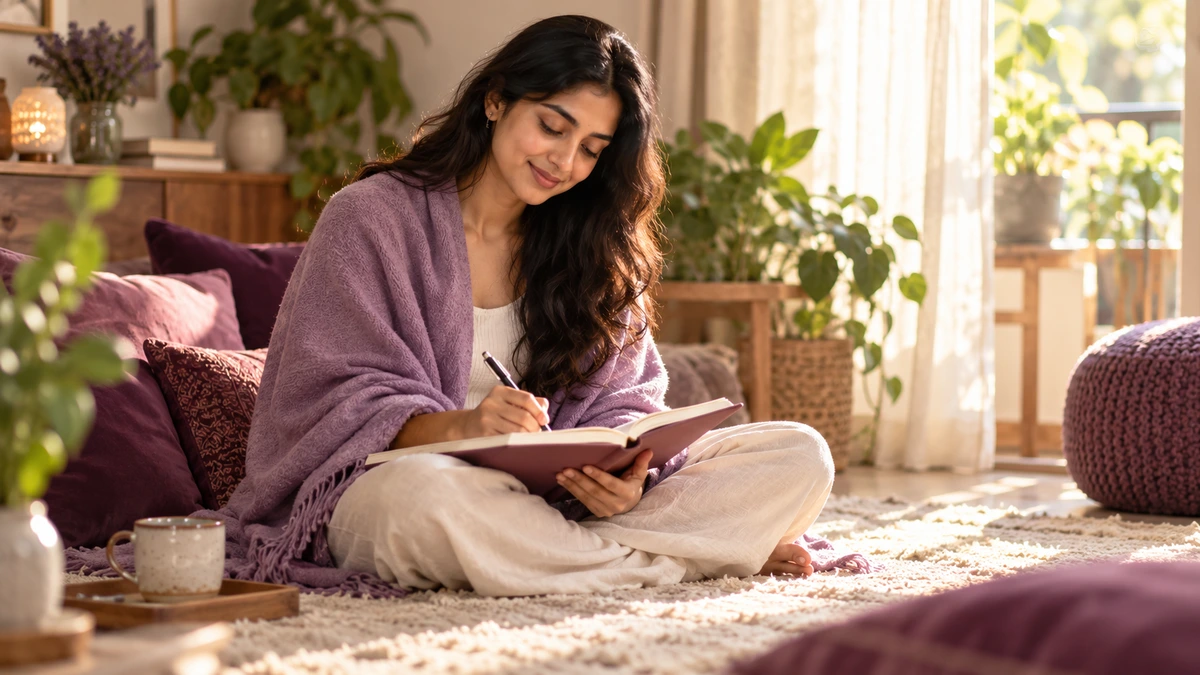 A young woman writing in a journal on a rug in warm afternoon light.