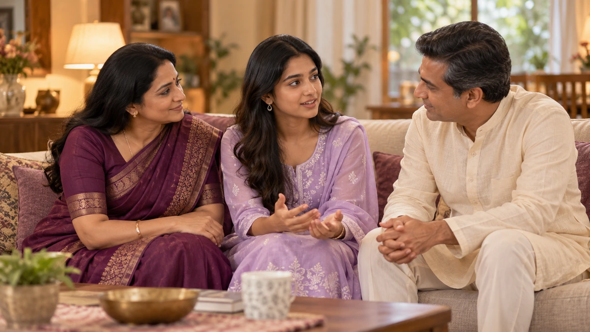 Parents listening attentively to their daughter on a sofa in a warm living room.