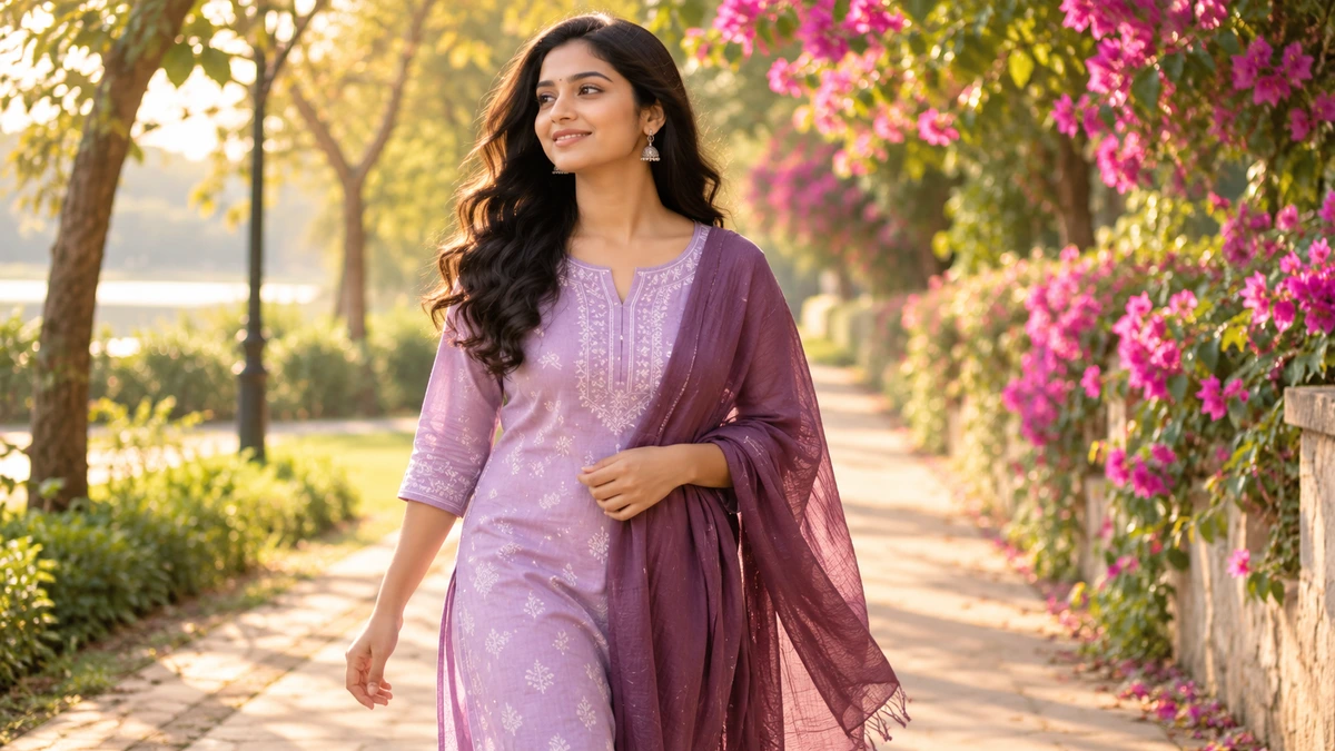 A young woman walking peacefully along a sunlit park path.