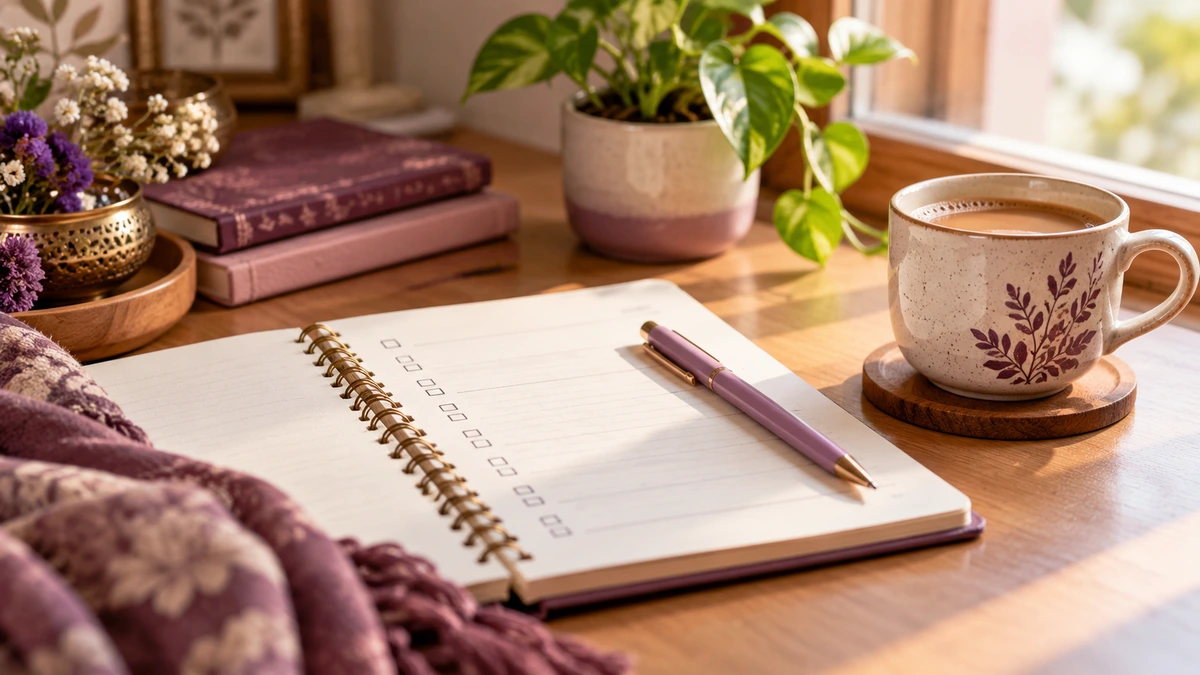 An open notebook with a pen and a cup of tea on a desk.