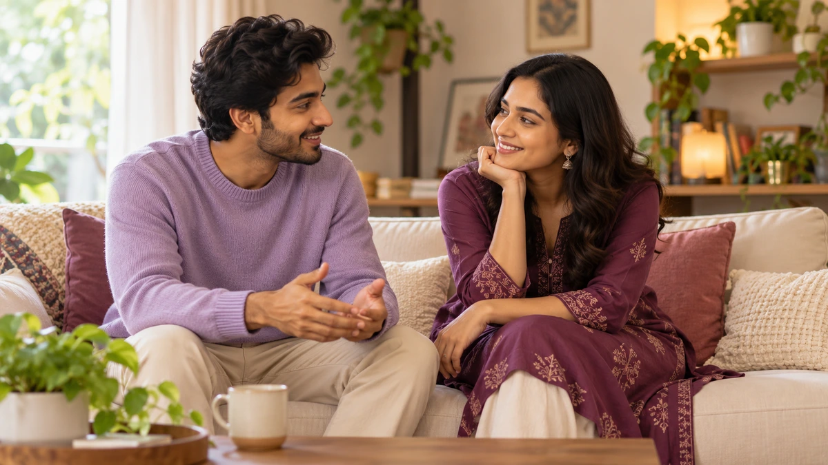Two friends talking and smiling on a sofa in a cozy living room.