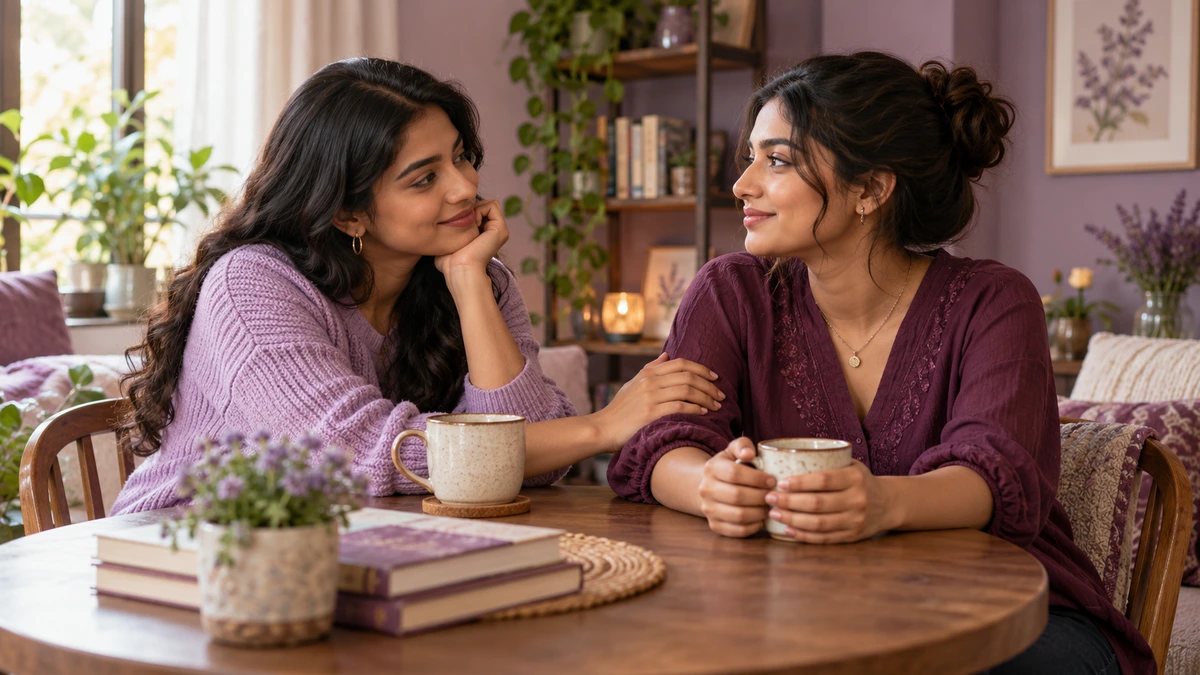 Two friends sharing tea, one gently touching the other's arm in support.