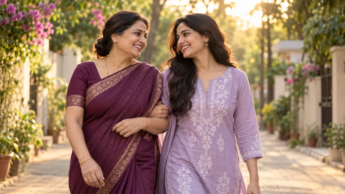 A mother and daughter walking arm in arm on a tree-lined lane at golden hour.