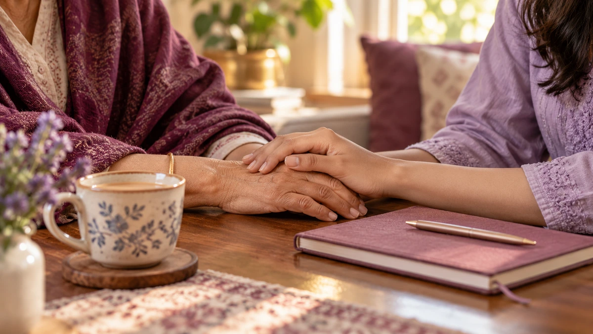 Two hands resting together on a table beside a journal and a cup of tea.