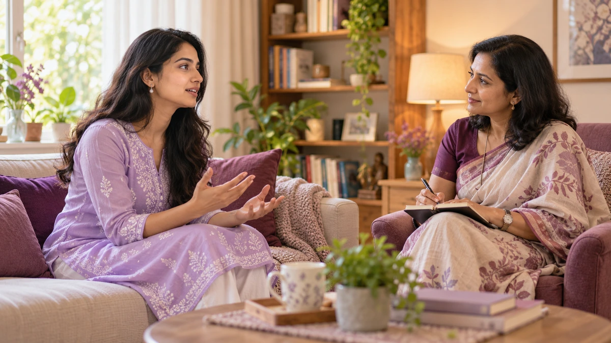 A young woman talking with a psychologist in a calm, bright room.